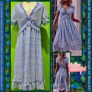 ROMANTIC M NWT LIGHT BLUE DRESS W LINING &  RUFFLED LOW DIP V- NECKLINE